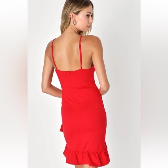 LULU'S Women's Red Bodycon Dress Size M Valentines Feminine Sweetheart Ruffle - Picture 4 of 7